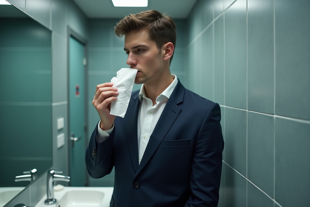 Jeune homme en costume rectifiant son rouge à lèvres au bureau