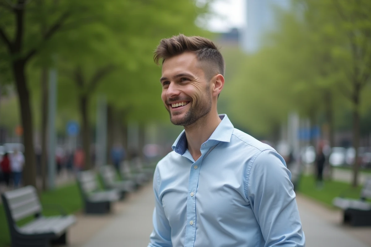 Homme en chemise marchant dans un parc urbain avec coupe crowned