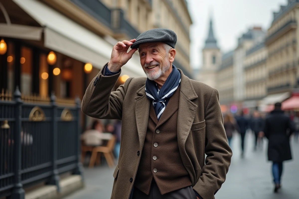 Homme âgé en tenue parisienne marchant dans une rue animée