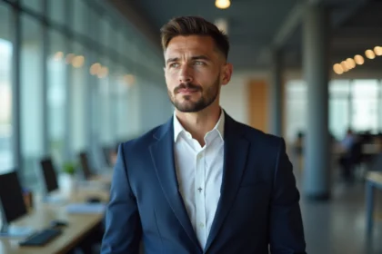 Homme en costume bleu marine portant un pendentif croix en argent au bureau, look professionnel élégant