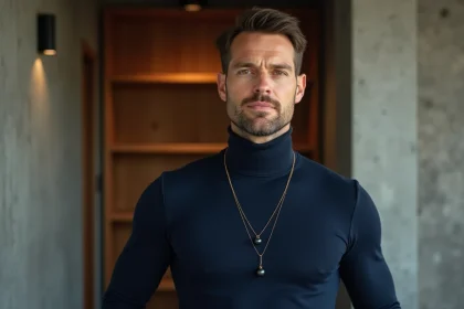 Homme portant un pendentif perle de culture de Tahiti noire sur col roulé marine dans un intérieur minimaliste
