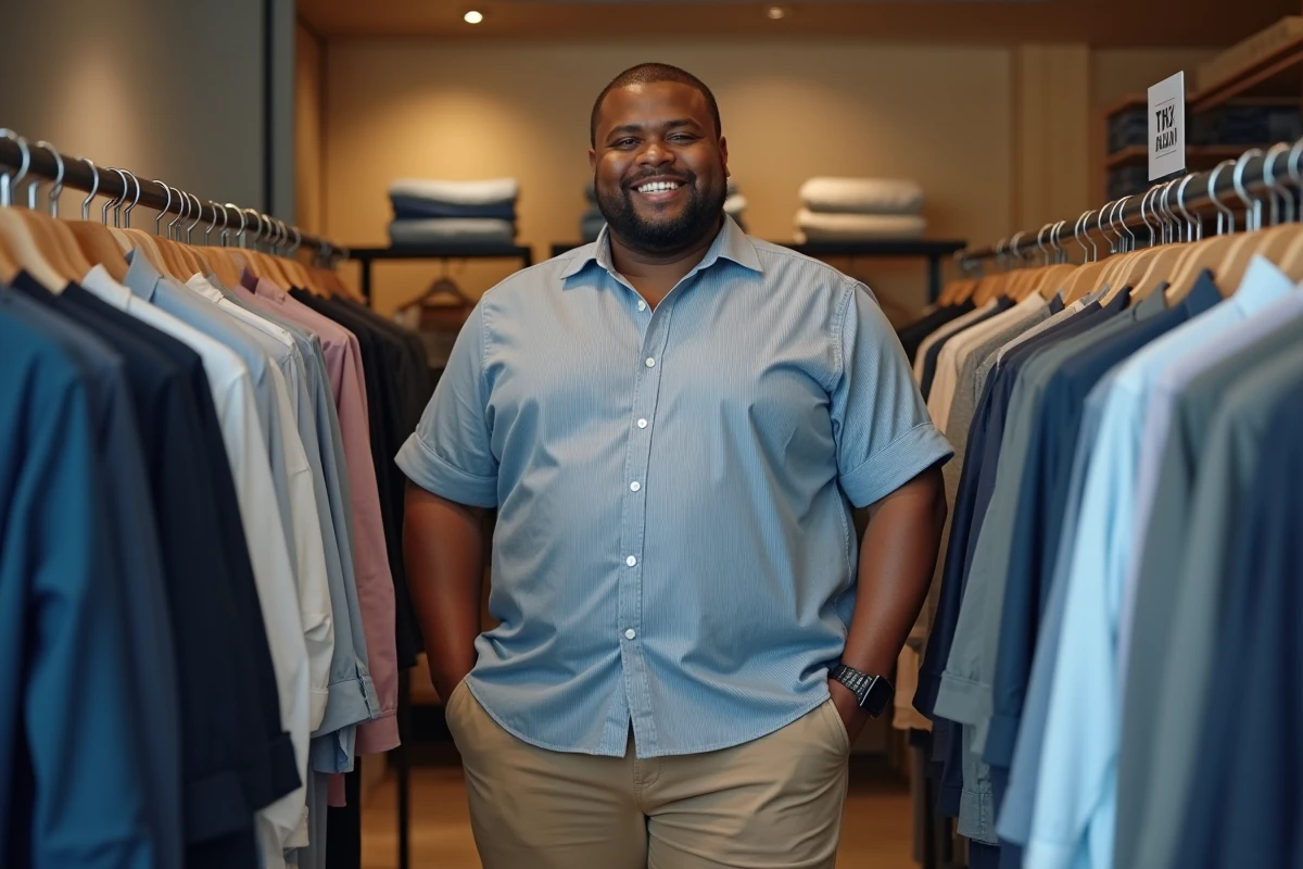 Homme plus size choisissant des vêtements dans un magasin