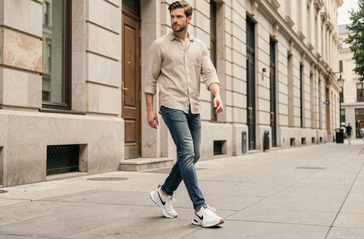 Jeune homme portant des sneakers Nike Mind001 minimalistes en marchant sur un trottoir urbain, vue de trois quarts en pied