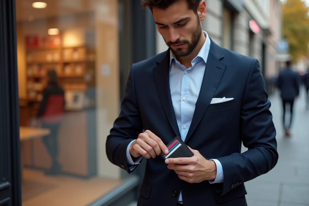 Homme en blazer marine sortant un porte-carte minimaliste de sa poche dans une rue urbaine, montrant des cartes bancaires et de fidélité organisées dans un format ultra-fin.