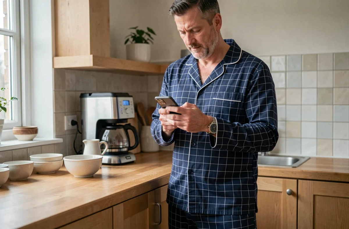 Homme en pyjama pilou bleu à carreaux dans une cuisine le matin consultant son téléphone