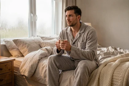 Homme en pyjama pilou gris confortable assis sur un lit avec une tasse, ambiance chambre cosy