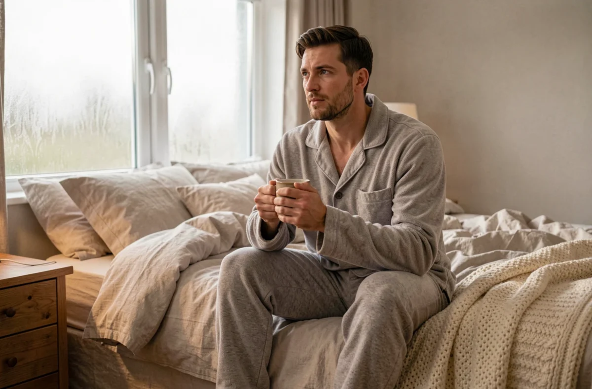 Homme en pyjama pilou gris confortable assis sur un lit avec une tasse, ambiance chambre cosy
