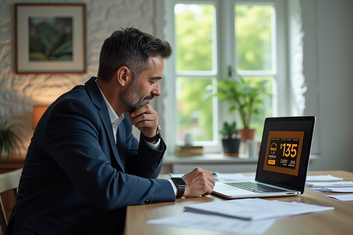 Homme en blazer regardant ses reçus et son ordinateur à la maison
