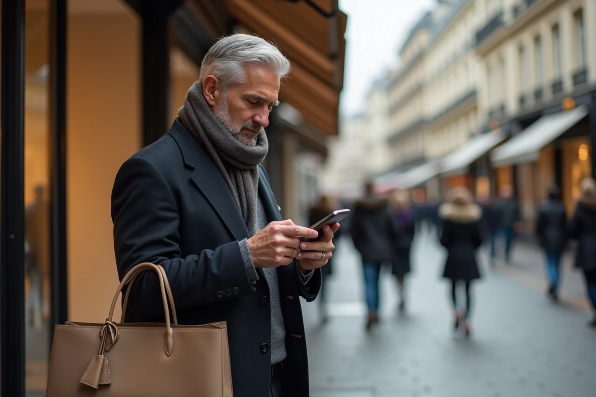 Homme en costume v&eacute;rifiant son t&eacute;l&eacute;phone devant une fa&ccedil;ade parisienne