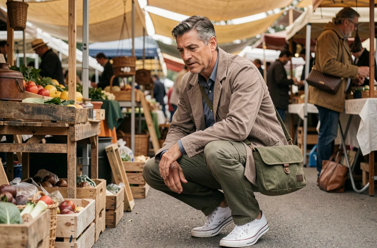 Homme en manteau chore et sacoche en coton ciré vert flânant dans un marché artisanal de week-end avec un style casual chic authentique