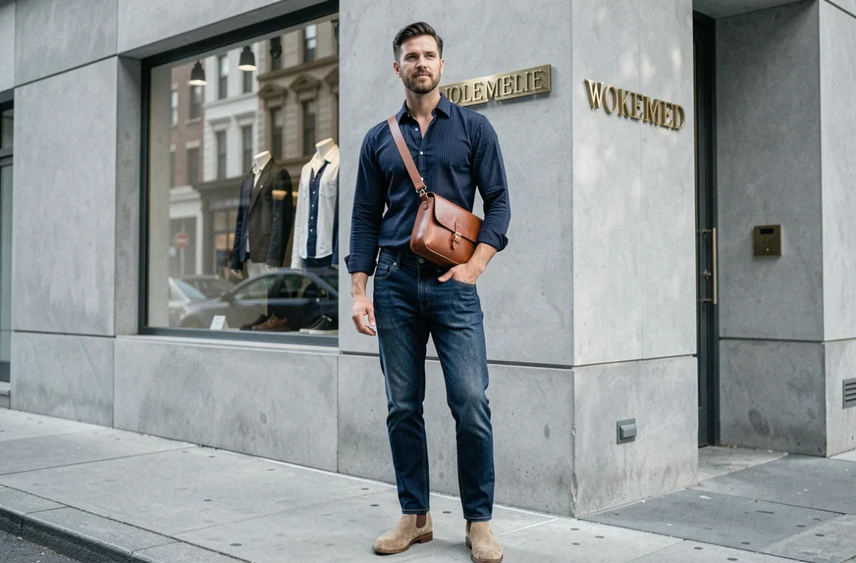 Homme en jean selvedge et chemise marinière portant une sacoche en cuir cognac devant une boutique minimaliste au style urbain raffiné