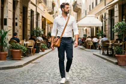 Homme casual chic en chinos sombres portant une sacoche en cuir camel en bandoulière dans une rue pavée européenne le week-end