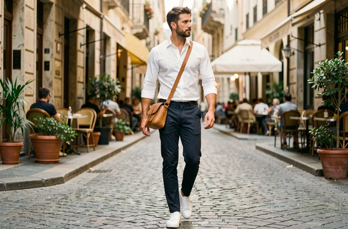 Homme casual chic en chinos sombres portant une sacoche en cuir camel en bandoulière dans une rue pavée européenne le week-end