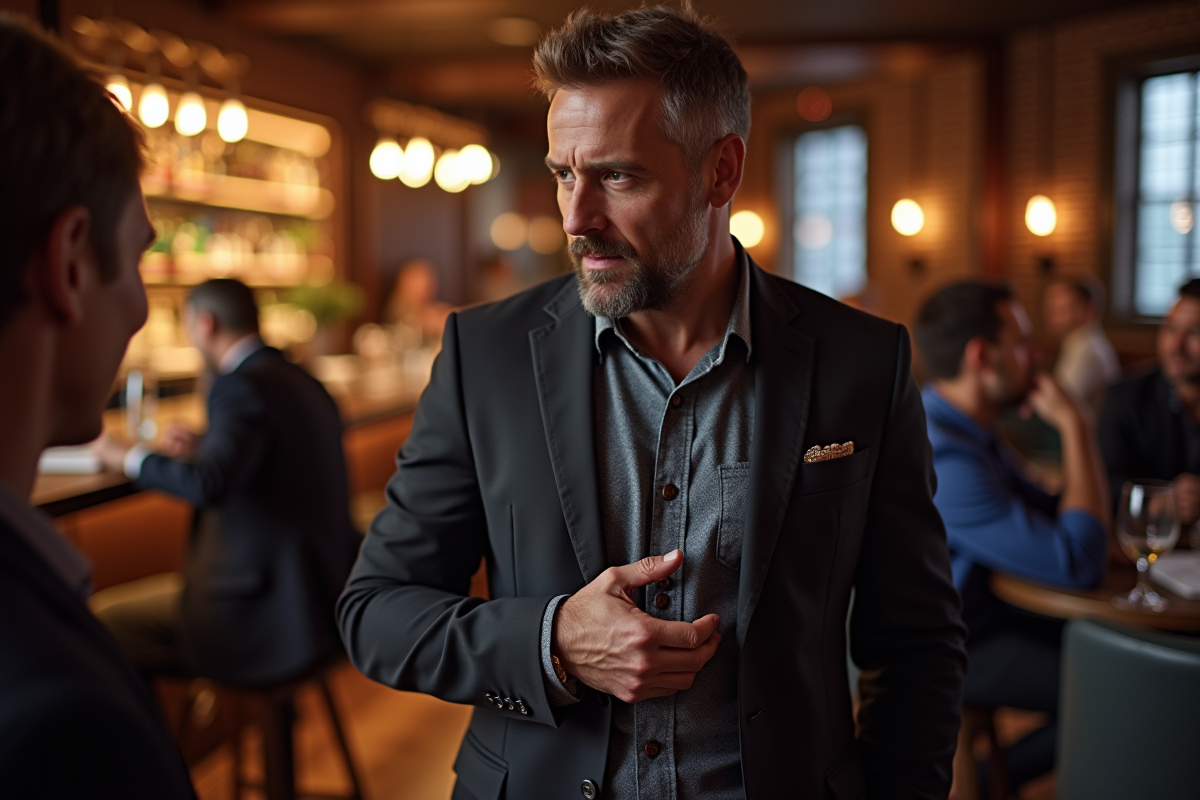 Homme confiant ajustant sa montre dans un lounge moderne