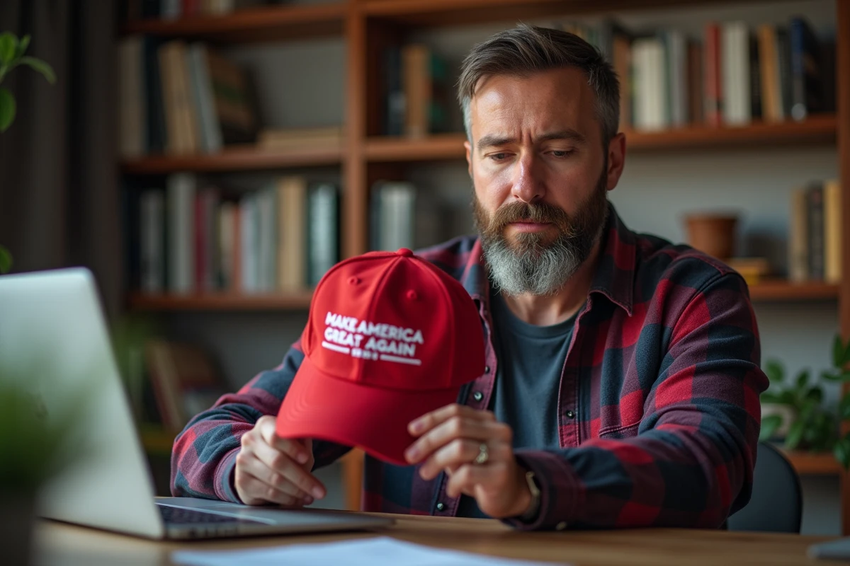 Homme inspectant l'étiquette intérieure d'une casquette Make America Great Again pour vérifier son authenticité, assis à un bureau à domicile avec un ordinateur portable