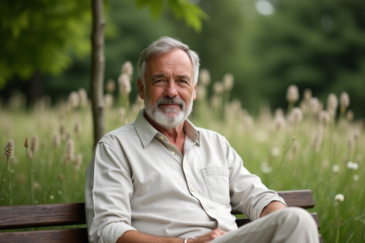 Homme en vêtements en chanvre et lin dans un jardin verdoyant
