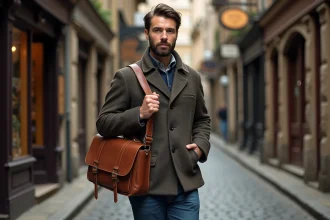 Homme avec sac vintage sur une rue pavée ancienne