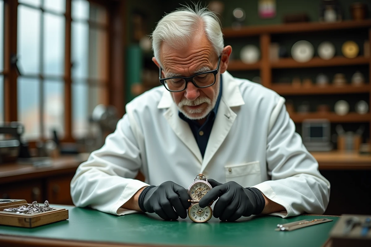 Horloger genevois inspectant une montre exceptionnelle sur un établi en cuir vert dans une manufacture suisse
