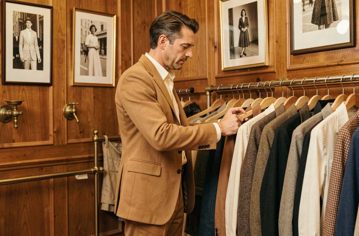 Homme en blazer rétro camel et pantalon taille haute dans la boutique Husbands Paris au décor vintage mi-siècle