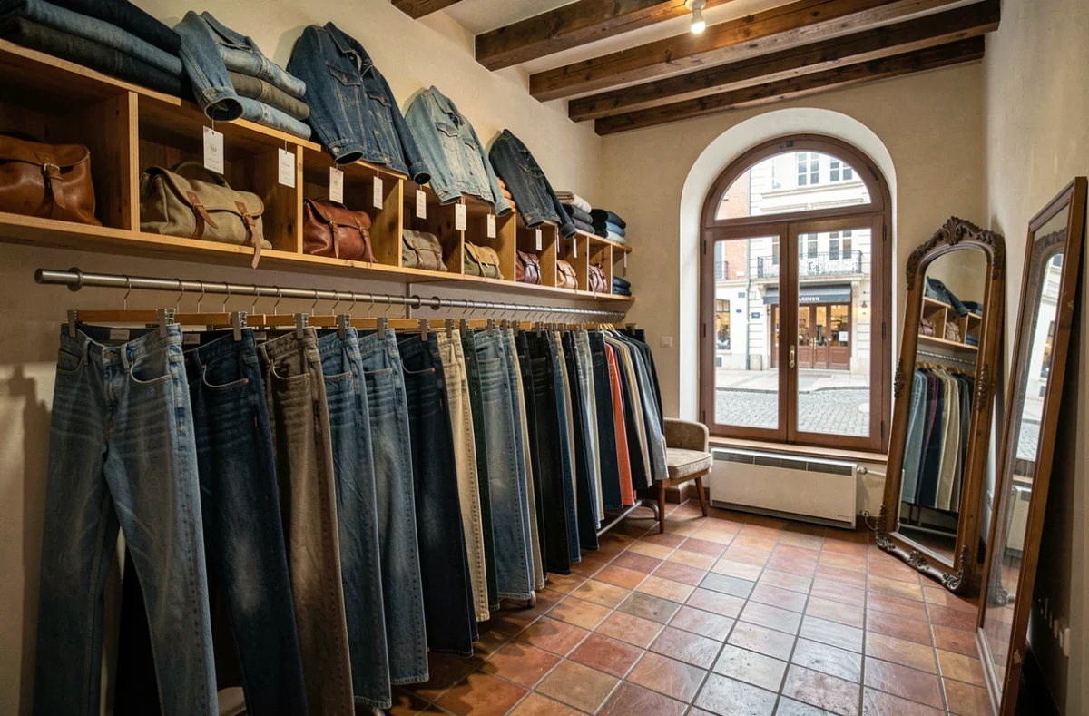Intérieur d'une boutique vintage à Toulouse avec des rangées de jeans et de vestes en denim exposés sur des portants métalliques et des étagères en bois