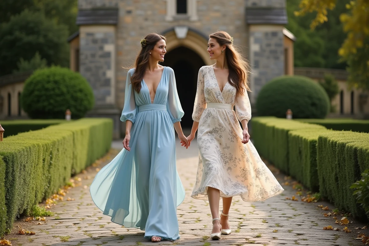 Deux invitées de mariage religieux en robes élégantes bleu poudré et crème, marchant vers une chapelle historique