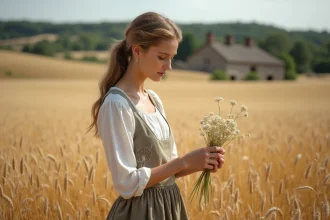 Jeune femme dans un champ de blé récoltant des fleurs sauvages