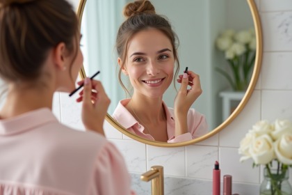 Jeune femme appliquant un crayon à lèvres rose dans sa salle de bain