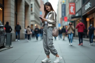 Jeune femme urbaine en style moderne avec veste argentée et cargo