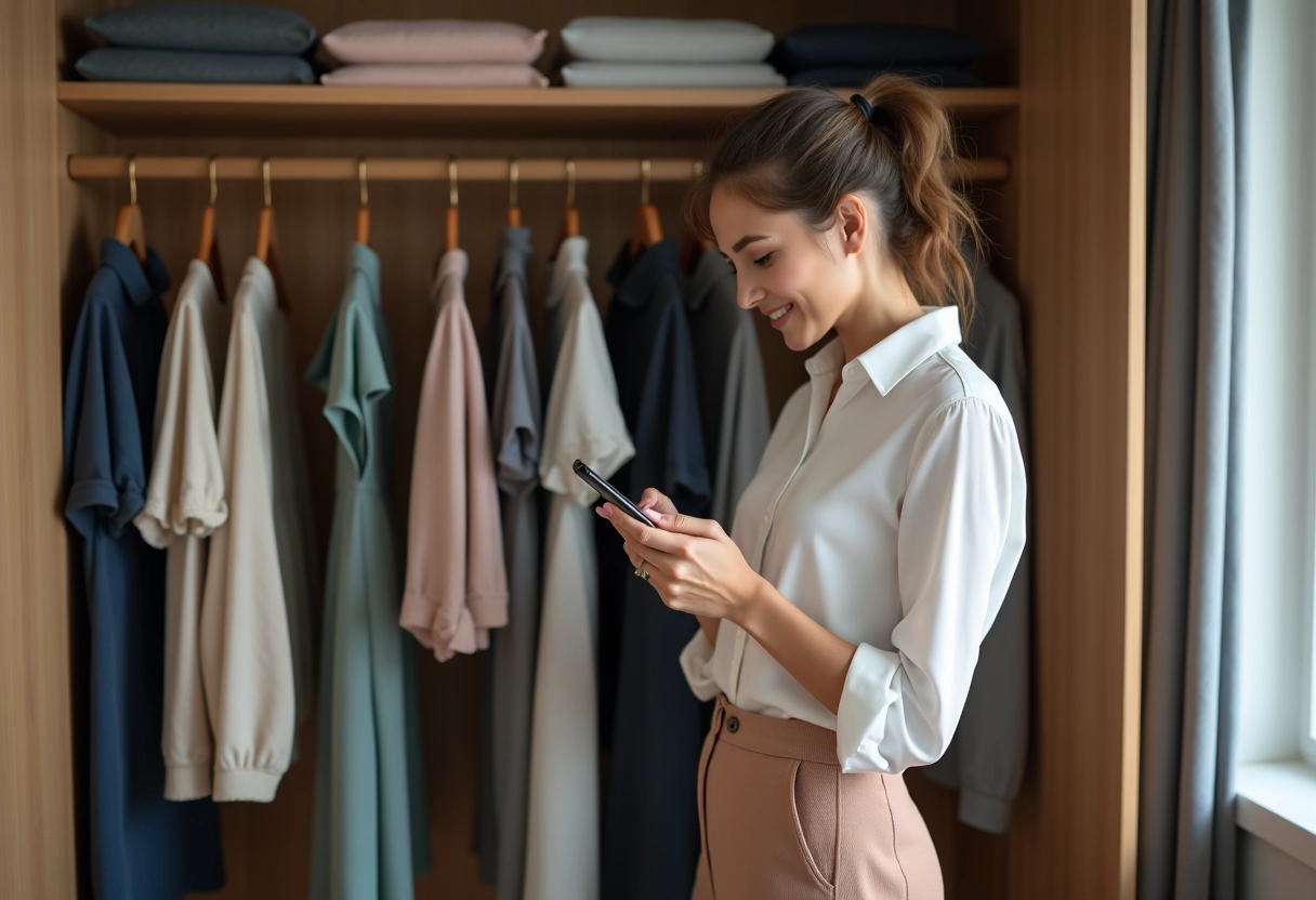 Jeune femme vérifiant sa taille de vêtements dans une chambre moderne