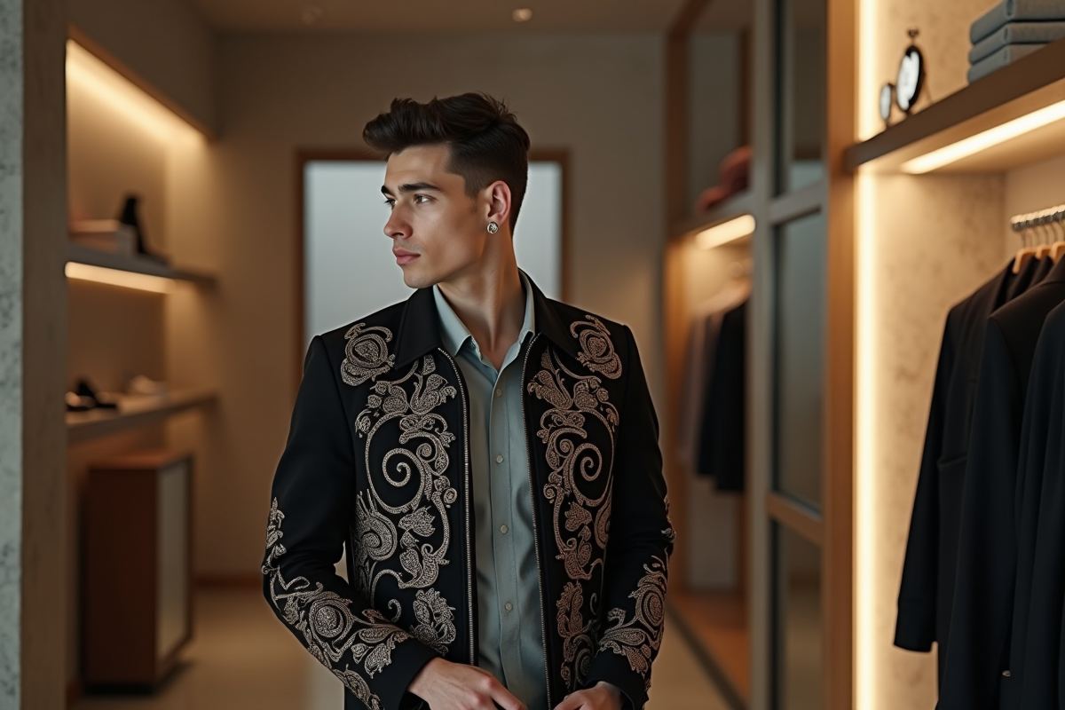Jeune homme admirant un vêtement dans une boutique haut de gamme