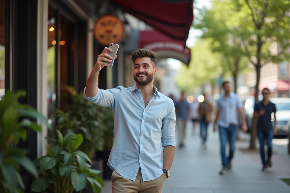 Jeune homme montrant un code promo sur son t&eacute;l&eacute;phone devant un caf&eacute;