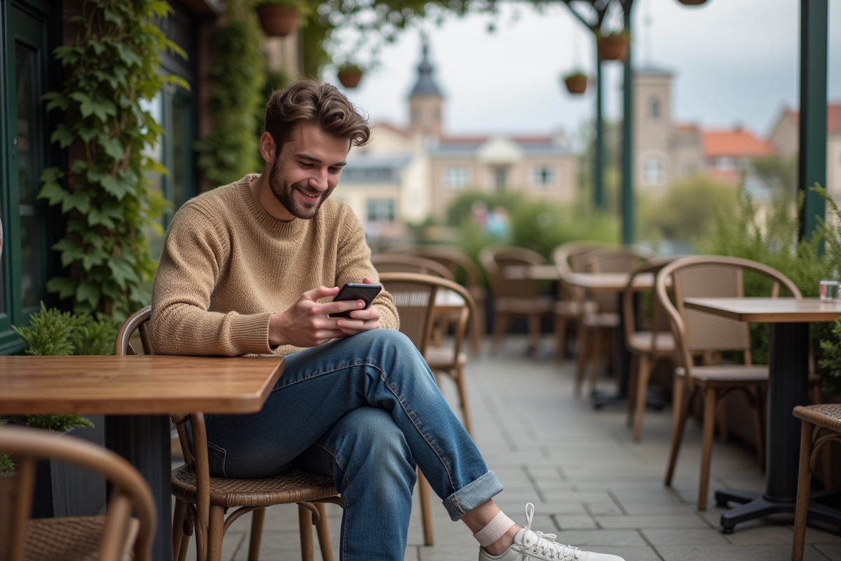 Jeune homme souriant au café en terrasse