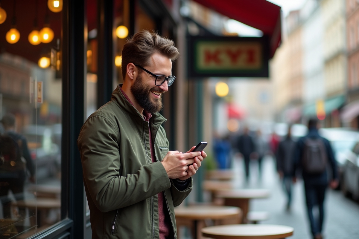 Jeune homme souriant dans un café urbain en extérieur