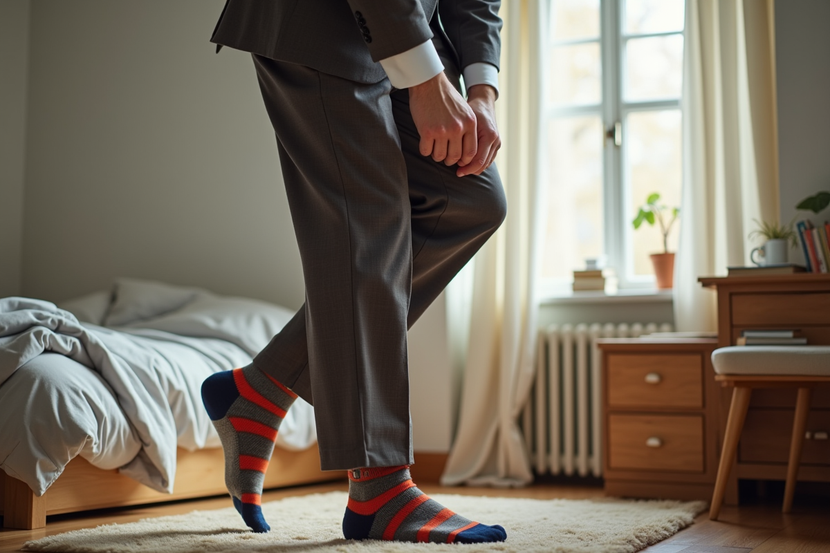 Jeune homme ajustant ses chaussettes colorées dans la chambre