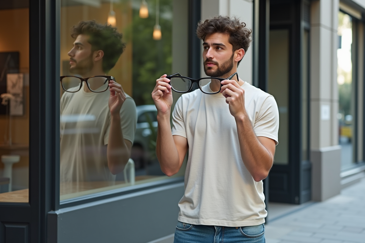 Jeune homme choisissant des lunettes devant une vitrine urbaine