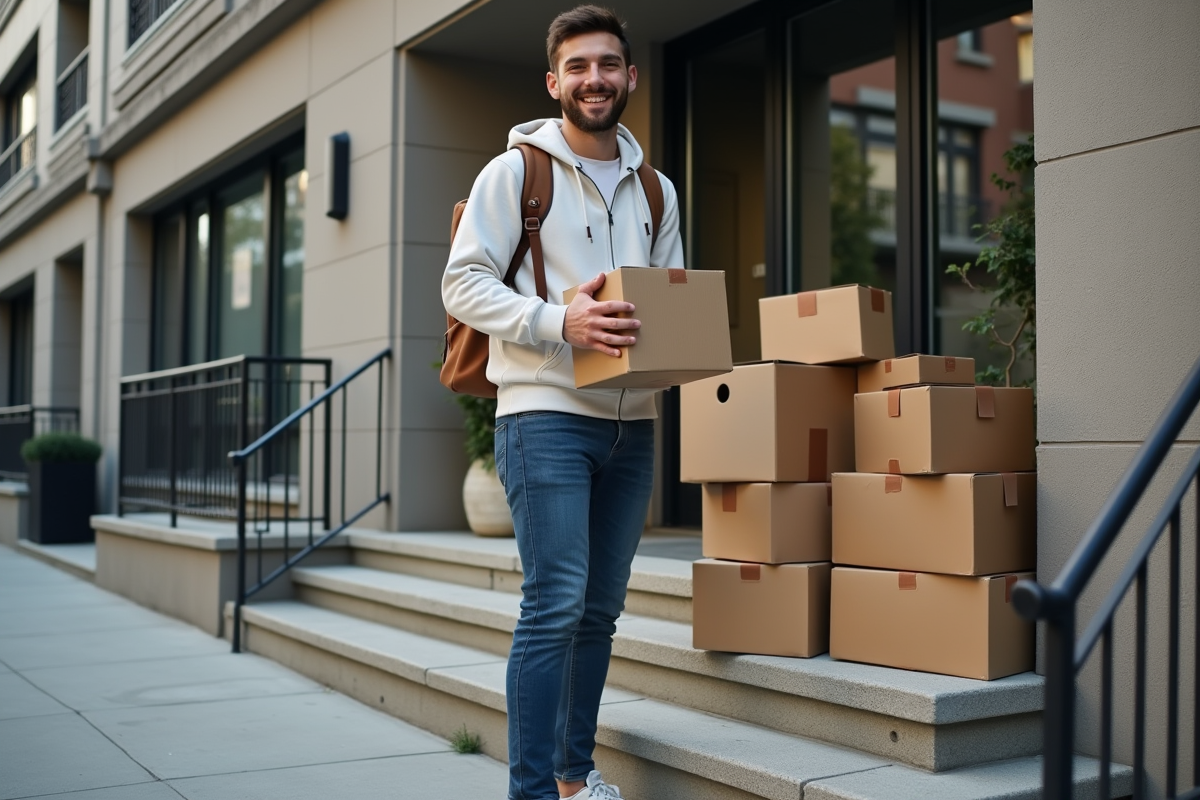 Jeune homme déballant des colis devant un immeuble urbain