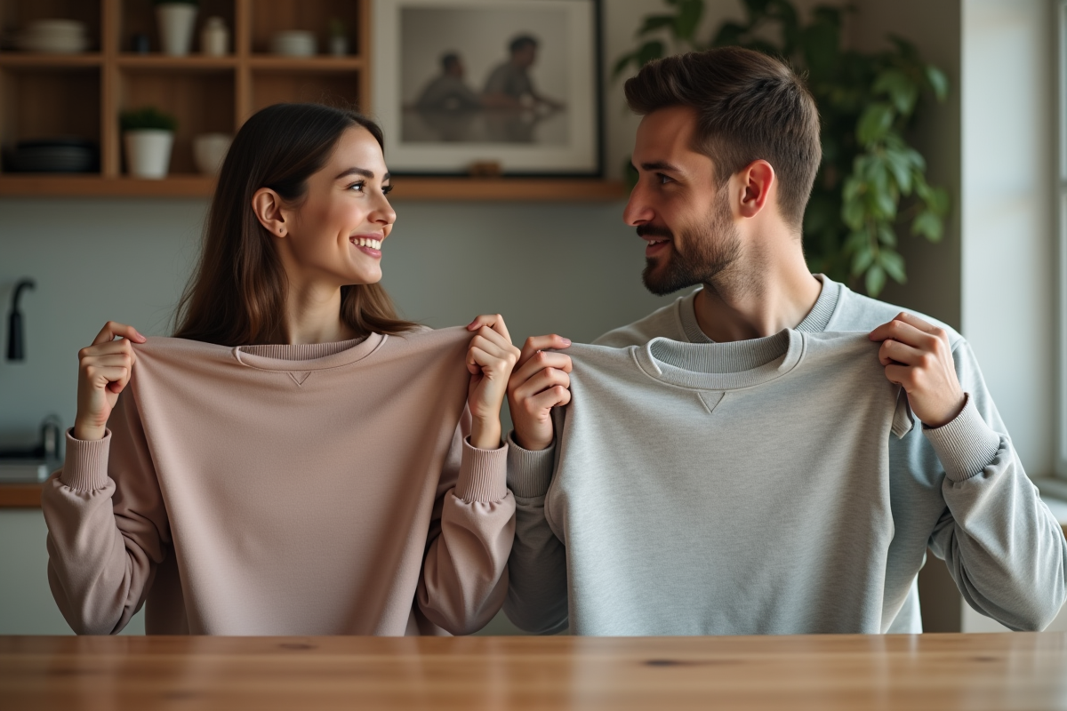 Un jeune homme et une femme comparent des sweatshirts dans la cuisine