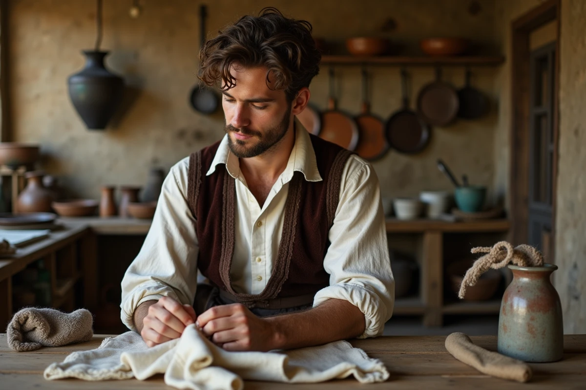 Jeune homme français réparant un tissu dans une cuisine