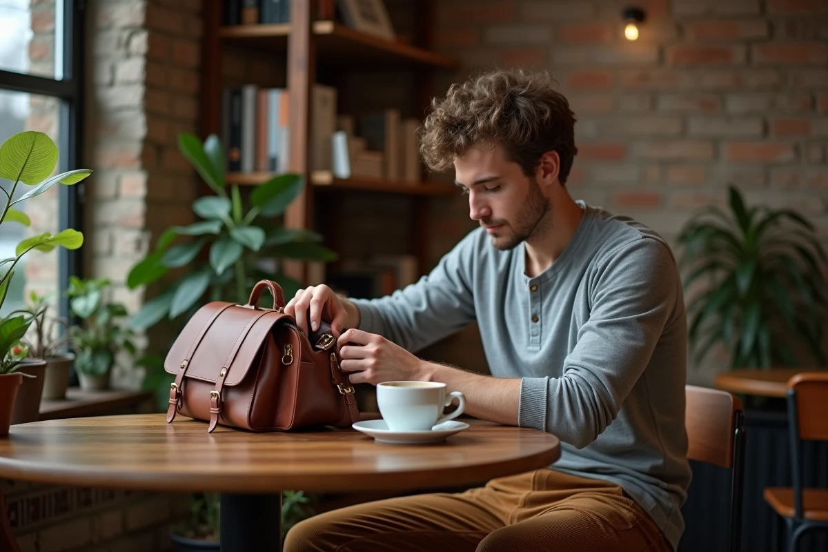 Jeune homme avec sac en cuir dans un café cosy