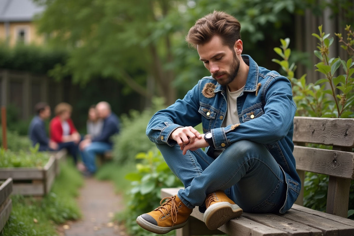 Jeune homme réparant une veste en denim dans un jardin urbain