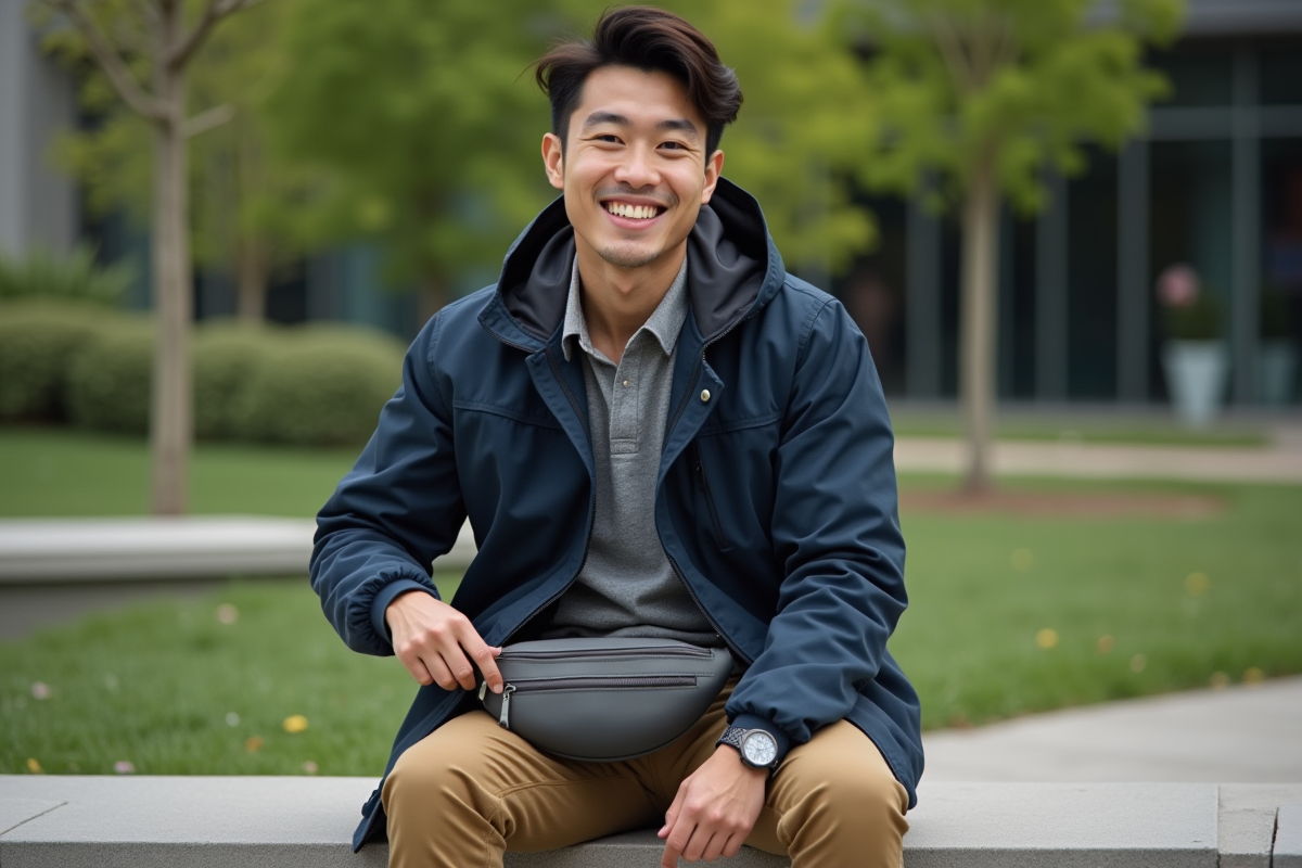Jeune homme souriant avec sac bananashaped dans un parc