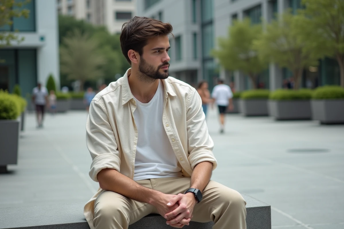 Jeune homme en shirt en lin dans une place urbaine