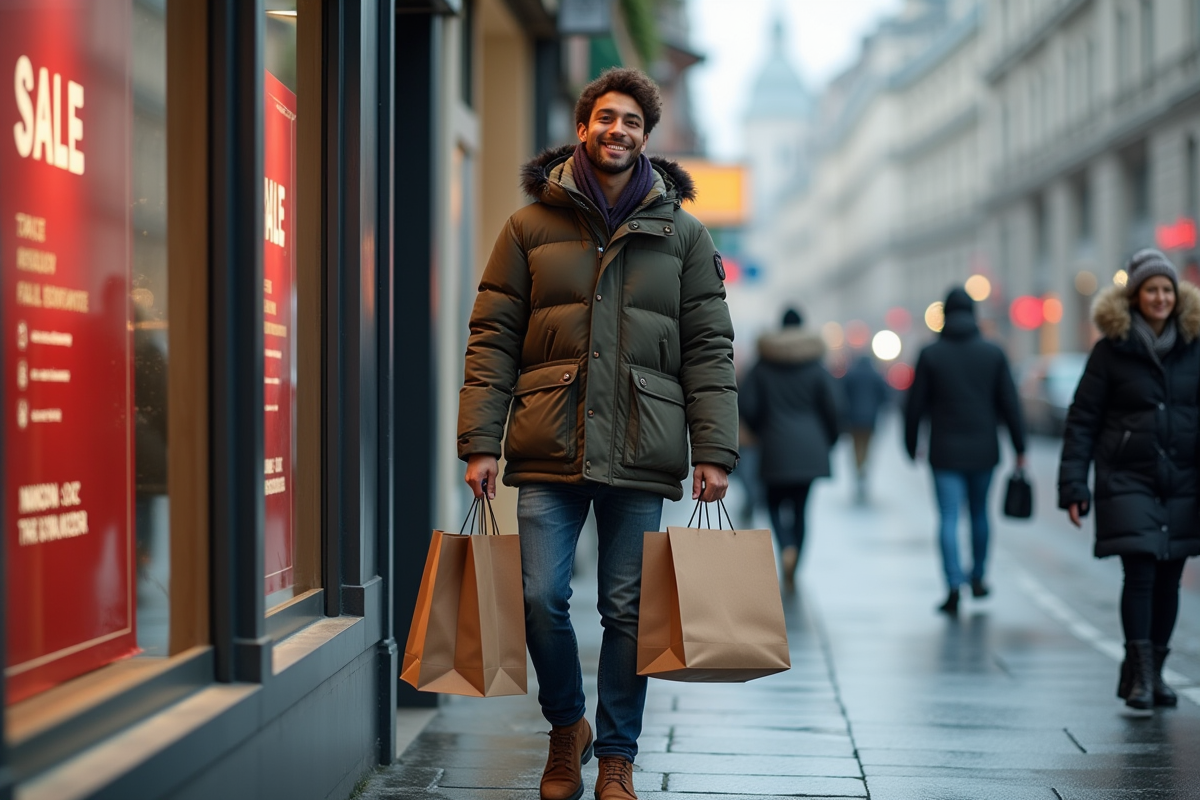 Jeune homme avec sacs de shopping dans une rue urbaine en hiver