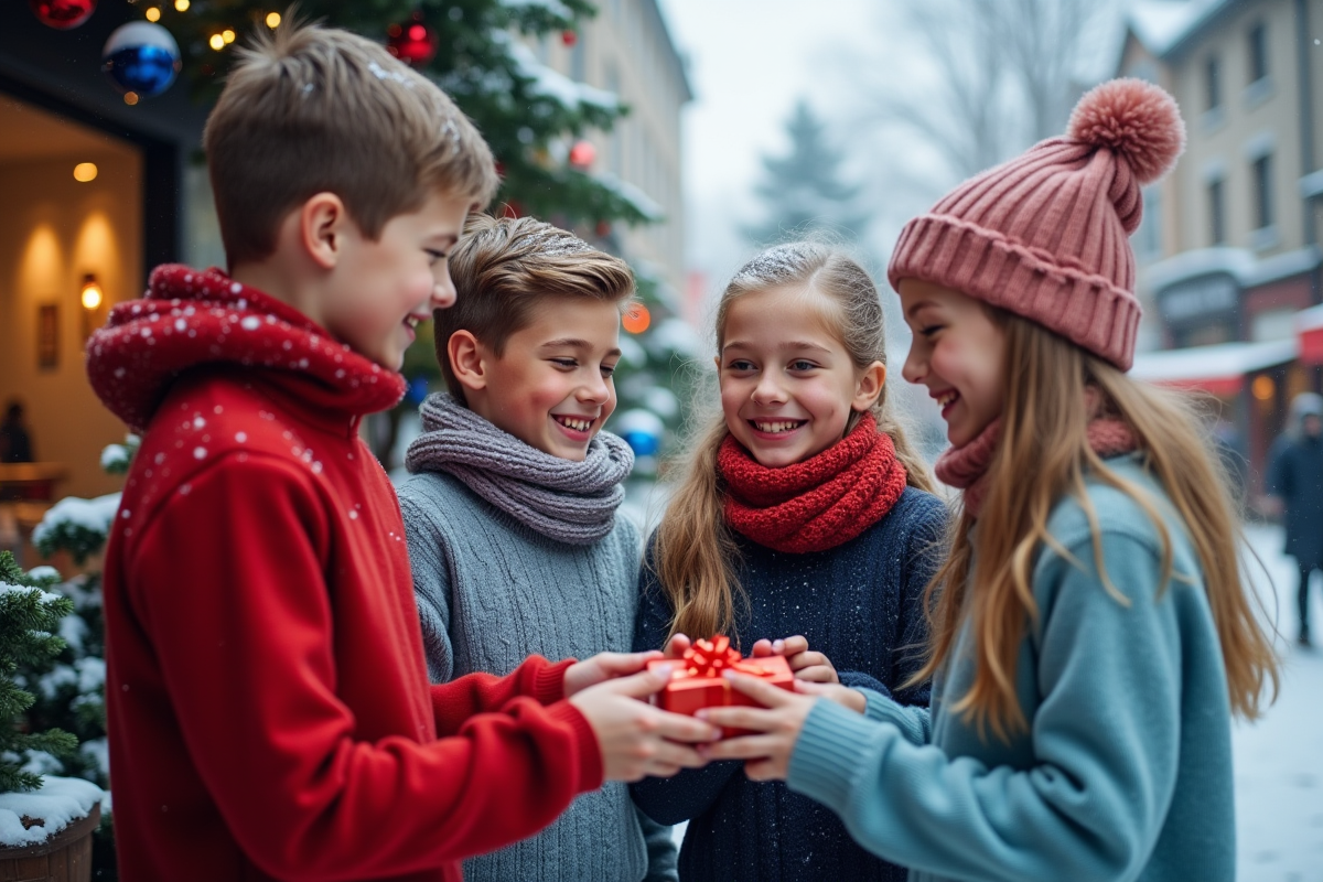 Jeunes échangeant des cadeaux devant un marché hivernal