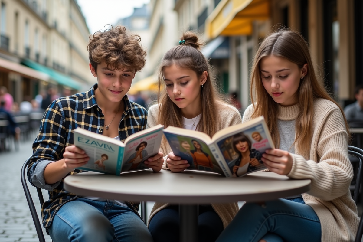 Trois adolescents lisant des magazines de mode en terrasse parisienne