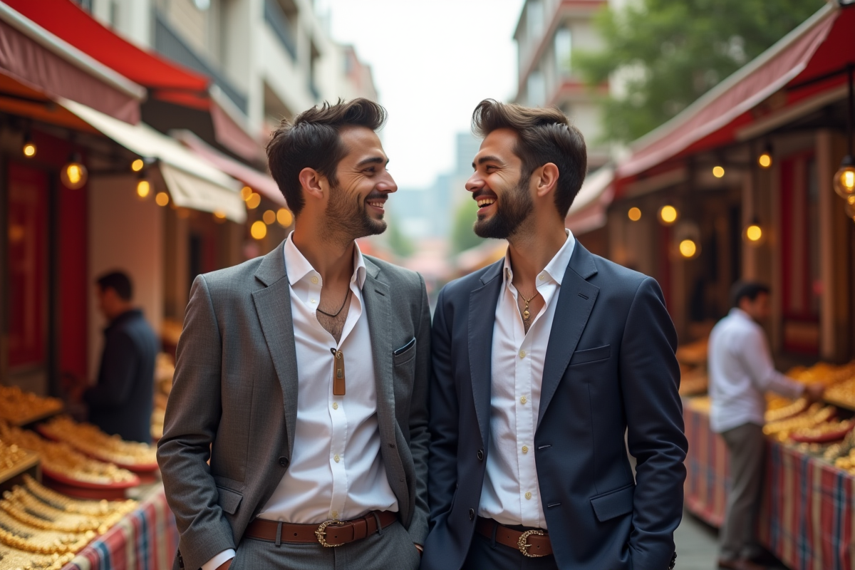 Deux jeunes hommes rient dans un marché animé en plein air