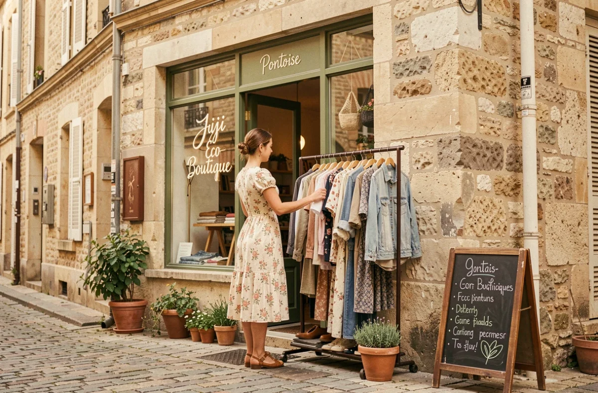 Femme en robe vintage devant la vitrine de Jiji Eco Boutique à Pontoise, friperie éco-responsable
