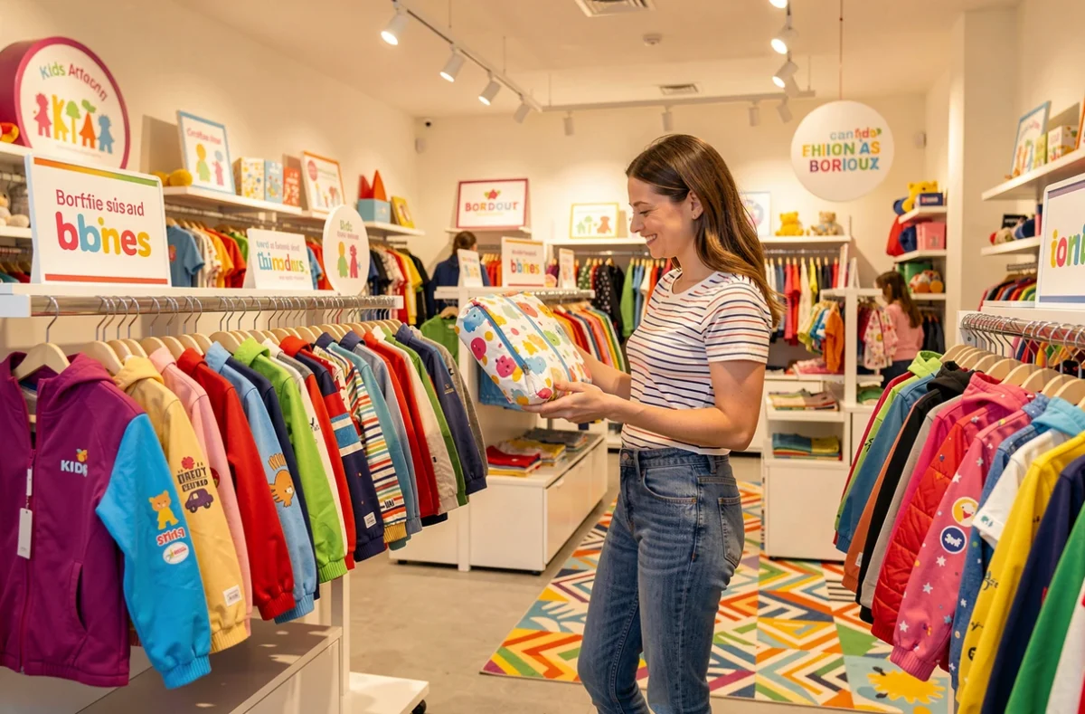 Boutique Kids Around Outlet Bordeaux avec des vêtements pour enfants colorés sur des portants et une cliente qui fait du shopping