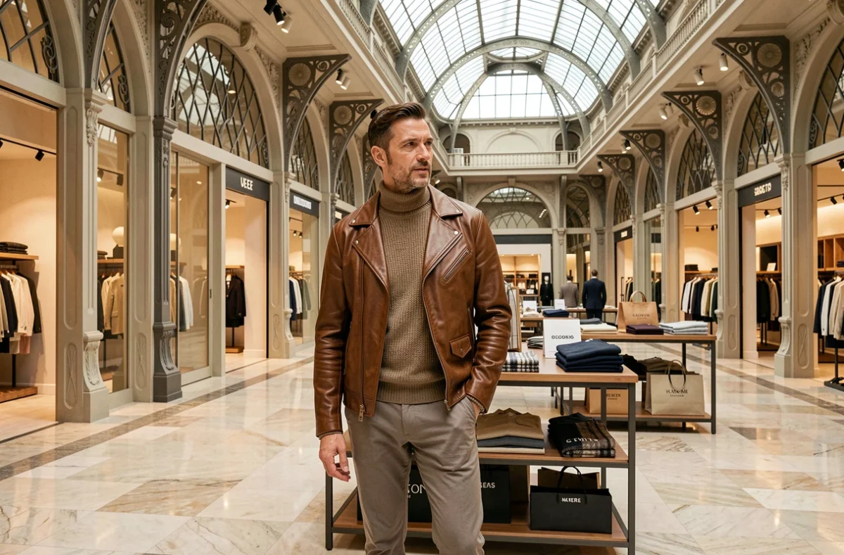 Homme en veste en cuir de créateur explorant le rayon mode masculine de La Samaritaine aux ornements Art Nouveau