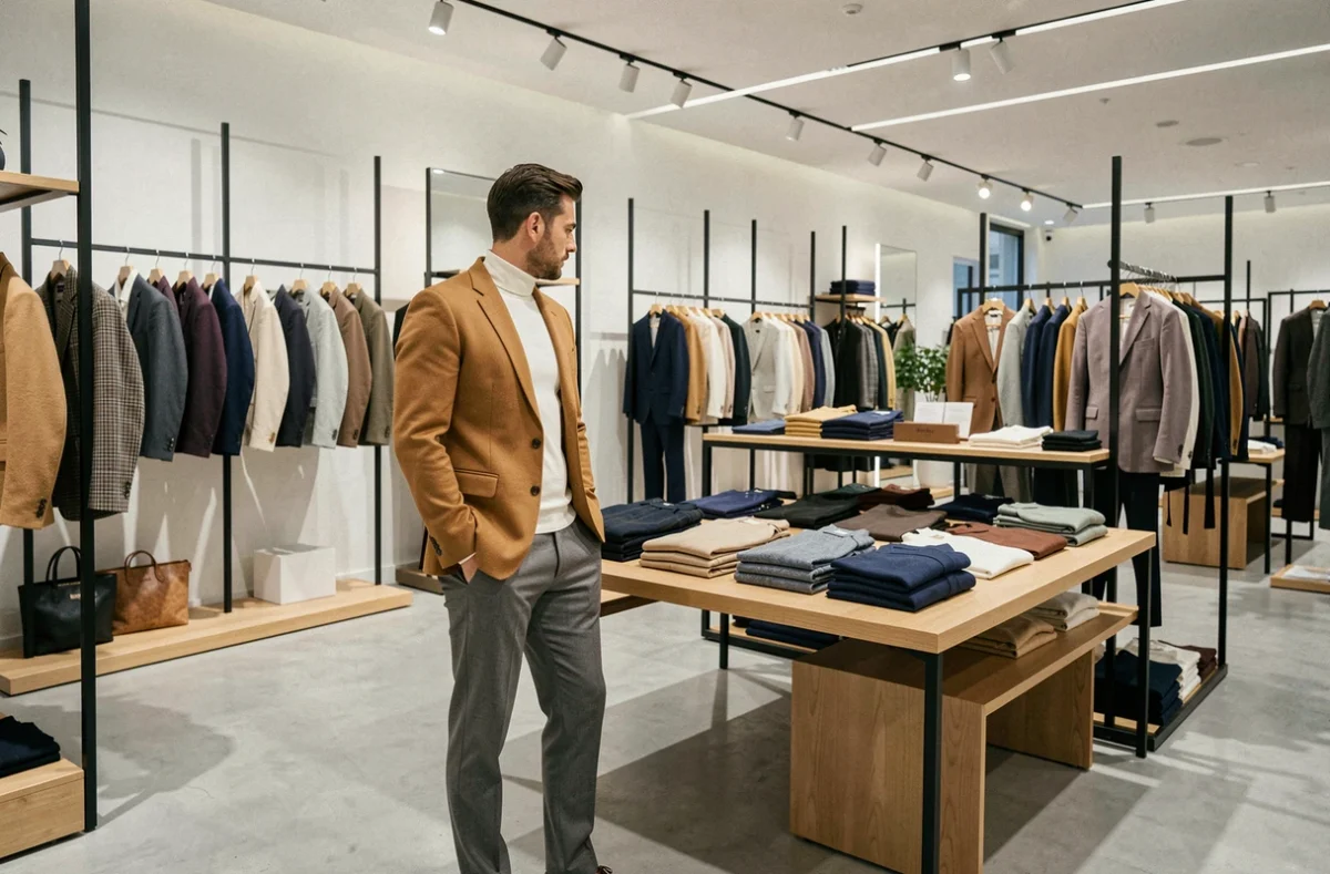Homme en blazer camel explorant la sélection mode homme curatée du Bon Marché dans un espace minimaliste élégant